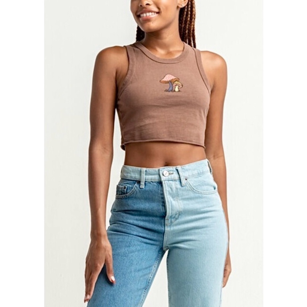 Full Tilt Mushroom Cropped Tank Raw Hem Brown Size XS - Picture 2 of 8